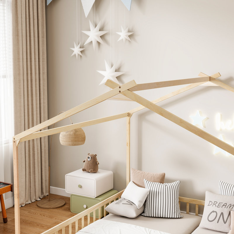 Lit simple double en forme de maison avec garde-corps de sécurité, sans porte, Naturel