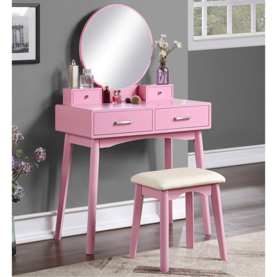 Modern Wood Vanity And Stool, White - Round Mirror, Storage Drawers, 33.1"W X 16.35"D Table, 17.52"H Stool Contemporary Design, Body, 19.68" 16.35"W 12.6"D