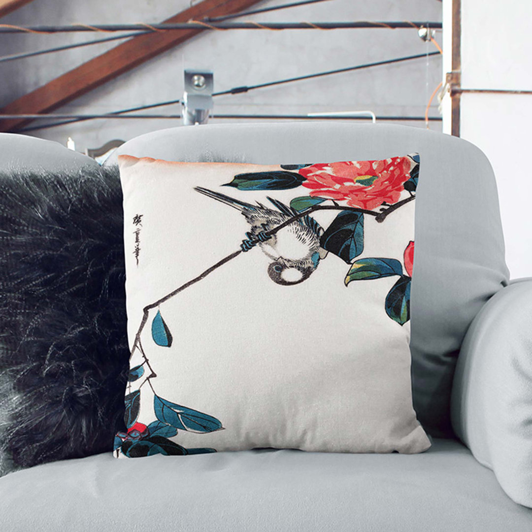 Camellias & Bullfinch Bird by Utagawa Hiroshige Cushion with Filling