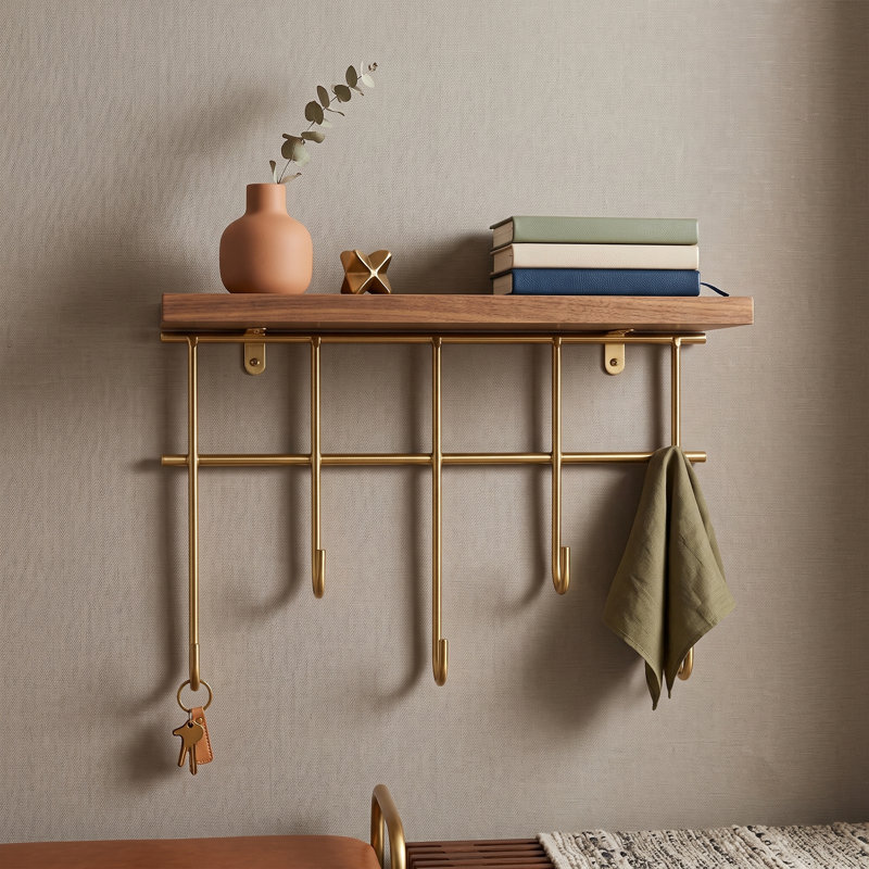 Modern Solid Wood Wall Shelf with Hooks