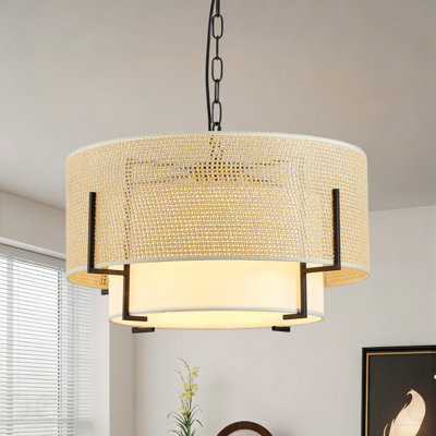 19.7''  Farmhouse Boho Chandelier,4-Light Hand Woven Rattan Pendant Light With Fabric Shade Rustic Drum Chandelier For Dining Room Kitchen Bedroom Foyer Entryway Living Room