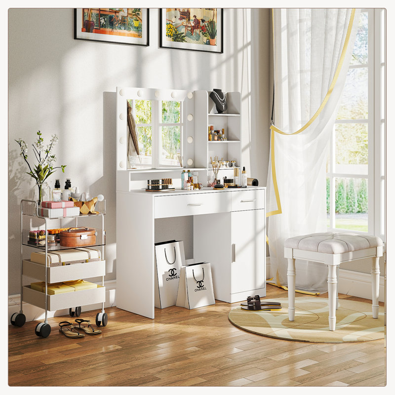 44 po Coiffeuse pour chambre à coucher avec miroir en 3 couleurs, luminosité réglable, 3 tiroirs, armoire de rangement, blanc