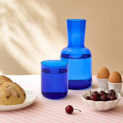 Ensemble carafe à eau en verre bicolore, pichet de 700 ml avec couvercle-gobelet de 270 ml, verrerie de chevet soufflée à la main, bleu