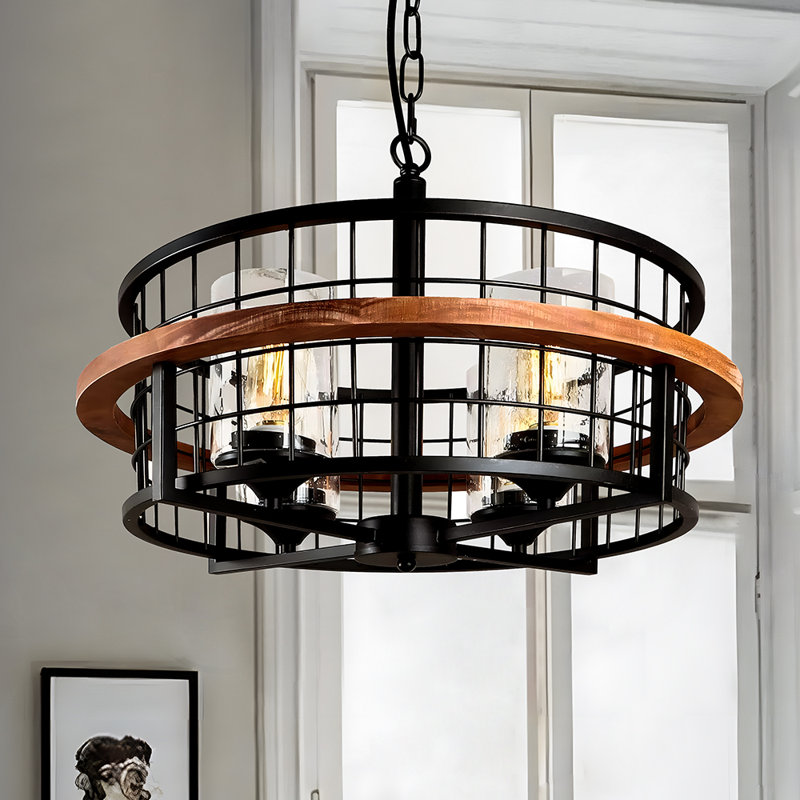 4-Light Industrial Open Cage Drum Chandelier