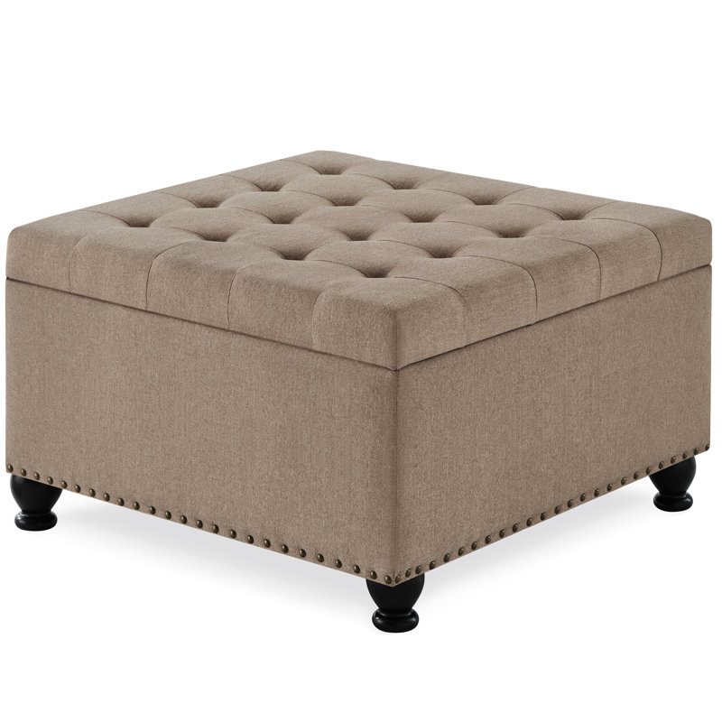 Linen Upholstered Square With Internal Compartment And Elegance Wood Base Button Design, Linen
