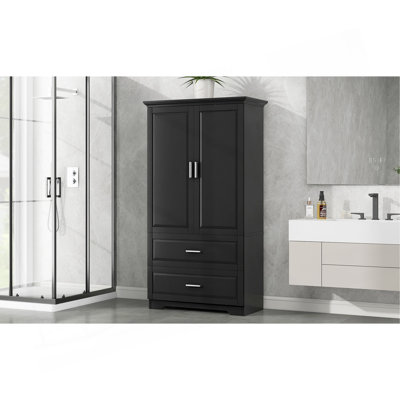 Grande armoire de rangement pour salle de bain, armoire avec deux portes et tiroirs, tablette réglable, panneau de fibres à densité moyenne