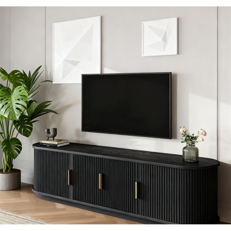 Farmhouse Wooden TV Stand with Sliding Tambour Door, Black