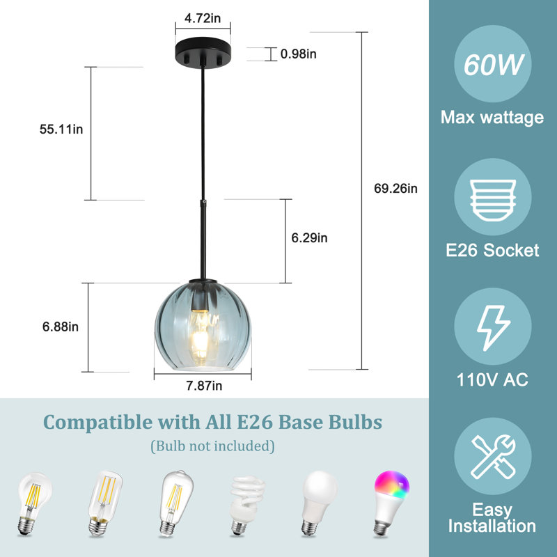 1-Light Modern Blue Glass Pendant Light for Dining Room Bedroom, Blue