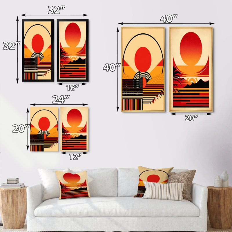 «Red Bold Sunset», 2 pièces sur toile, H 32 po x l 32 po, Encadrement brun