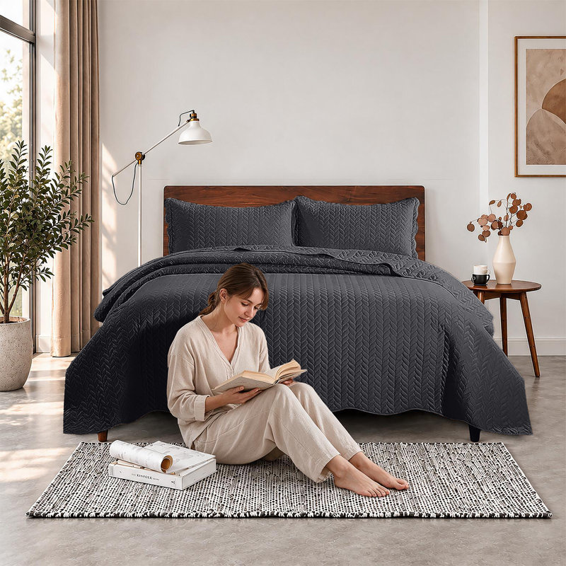 Ensemble de couvre-lit en microfibre gaufrée Oxford Leaf avec taies d'oreiller – Couette réversible légère, King, Noir