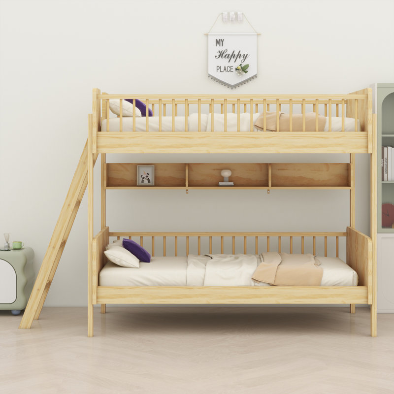 Wooden Bunk Bed With Integrated Shelving And Left/Right Adjustable Ladder, Natural