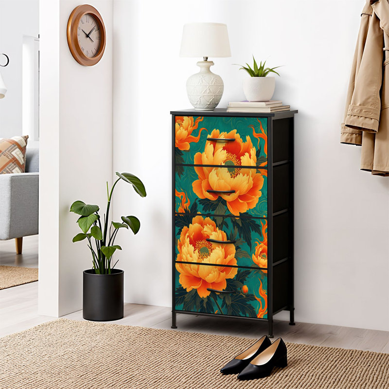 Commode pour commode de chambre à coucher pour commode orange vif jaune pivoines qui coule vert orange commodes et commodes de rangement en tissu et bacs de rangement avec 4 tiroirs