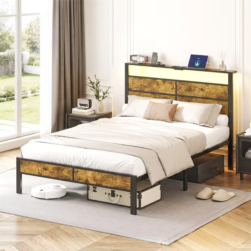 Bed Frame With Charging Station, Storage Headboard And Led Lights, Industrial Platform Bed With Metal Slats, Twin