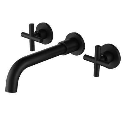 Wall Mounted Bathroom Sink Faucet In Black Matte - Solid Brass, Rust-, With Convenient Water Control Kit Piece Complete Accessory