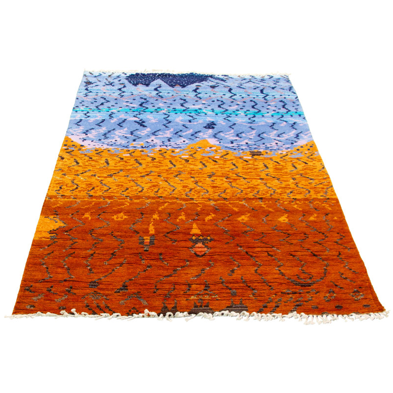 Tapis décoratif de laine bleu denim clair marocain de conception unique 5 pi 9 po x 9 pi noué à la main New Age pake