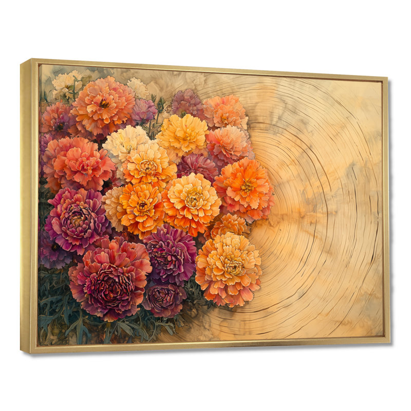 Fleurs d'automne de chrysanthèmes sur un plateau en bois I - art mural de chrysanthèmes pour le salon, H 34 po x l 44 po