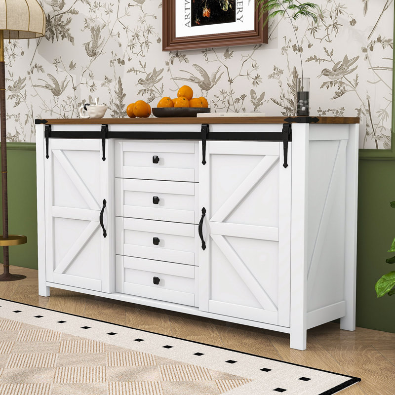 Modern Sideboard with Sliding Barn Doors, Built-In Power Outlet and Spacious Storage, White