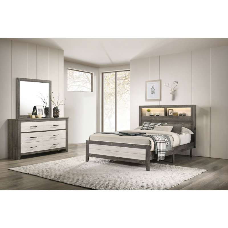 Ensemble de chambre à coucher avec lit plateforme Kaeleah, Très grand, 6 pièces: lit, 2 tables de chevet, commodes, miro