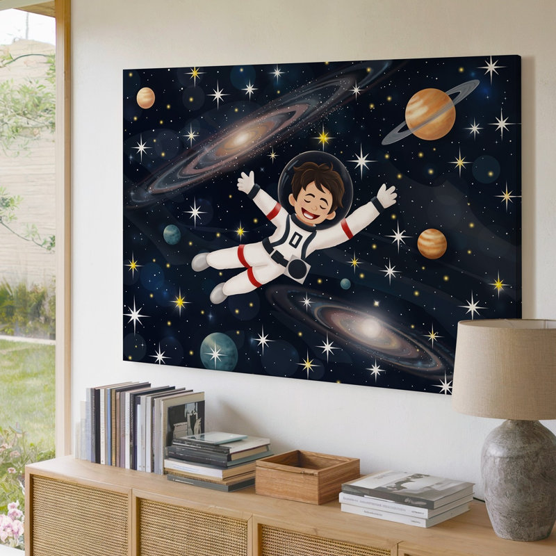 Toile dans une illustration fantaisiste, un dessin d'un astronaute flotte joyeusement dans un art mural, H 20 po x l 20 po