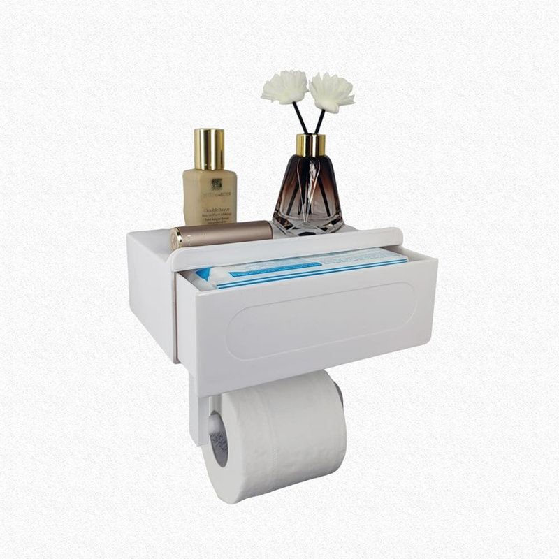 Porte-papier hygiénique pour salle de bain - plastique blanc brillant, tiroir de rangement intégré, double fixation, tablette réglable, résistant à la rouille