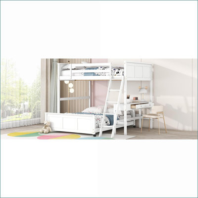 Full Over Full Pinewood Bunk Bed with Desk - No Box Spring Needed White for Compact Rooms