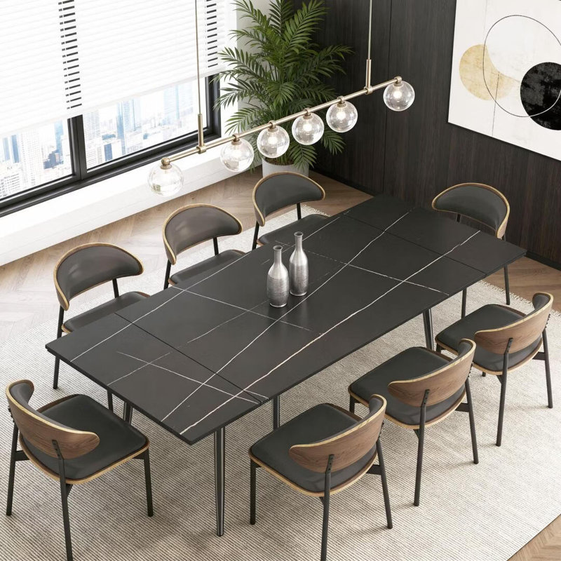 Extendable Dining Table 62.9"-94.4" Seats 6-10 Sintered Stone Black Modern Easy Assembly Indoor Outdoor, Black