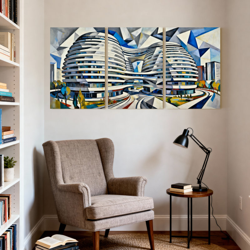 Cités et pays, bâtiment moderne, ensemble de 3 reproductions d'art sur toile, H 18 po x l 36 po