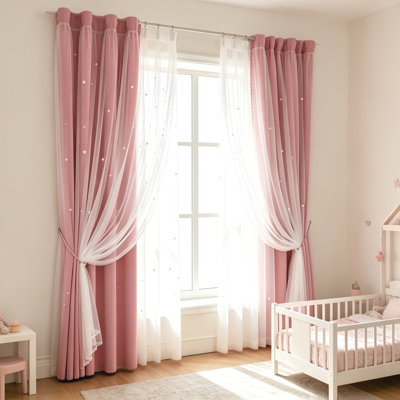 Set of 8 Double Layer Star Cutout Blackout Window Curtain Panels, Single Row Hollow Perforated Rod Pocket Drapes, Gradient Cherry Blossom Pink 132 x 214cm Decorative Curtains for Bedroom Living Room