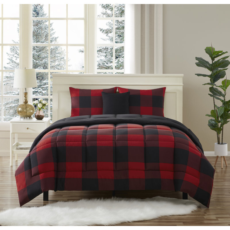 4 Piece Buffalo Plaid Printed Comforter, Shams & Throw Pillow Set, King Comforter + 3 Additional Pieces, Red/Black