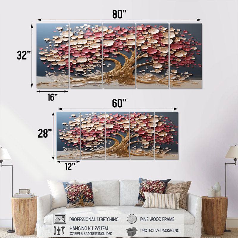Orchidée rose et or jardin de branches VI - ensemble d'art mural 5 pièces arbre, H 28 po x l 60 po