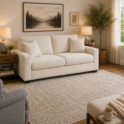 Gesi Sofa with Track Arms and Accent Pillows, Ivory Corded Polyester 85 Inch