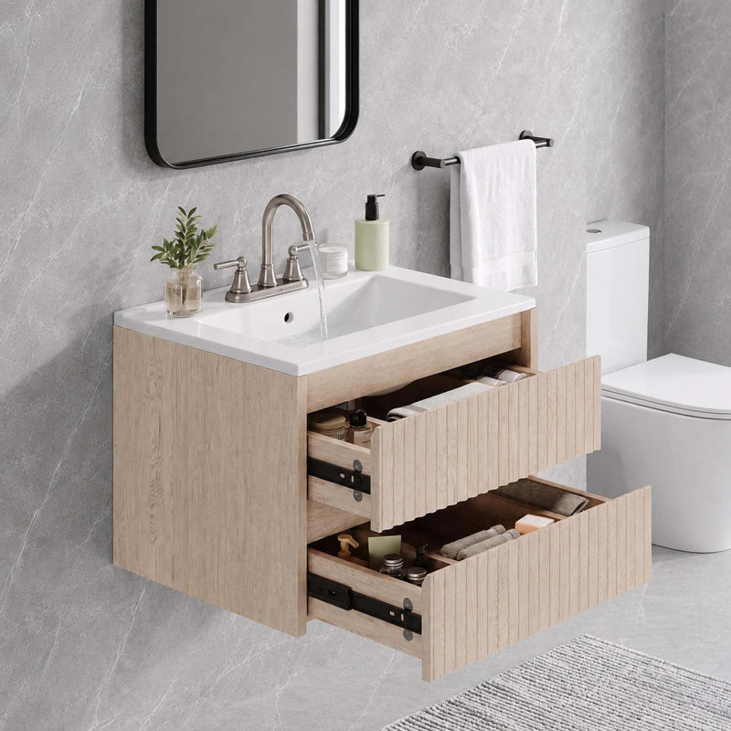 Meuble-lavabo suspendu de 61 cm (24 po), armoire cannelée avec 2 tiroirs à fermeture amortie, lavabo en céramique blanche, robinetterie à 3 trous de 10 cm (4 po)