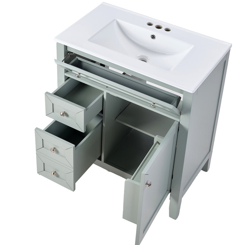 Meuble-lavabo en bois massif avec lavabo sous-comptoir en céramique - Glissières de tiroir à fermeture en douceur 12 po, bac rabattable + tiroir simple + tiroir de rangement, tablette réglable, capacité de charge de 70 kg, gris