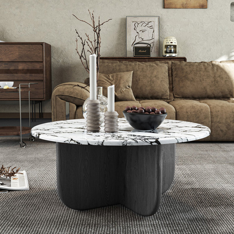 Table basse ronde en marbre crème, H 13,8 po x L 39,4 po x l 39,4 po, Noir