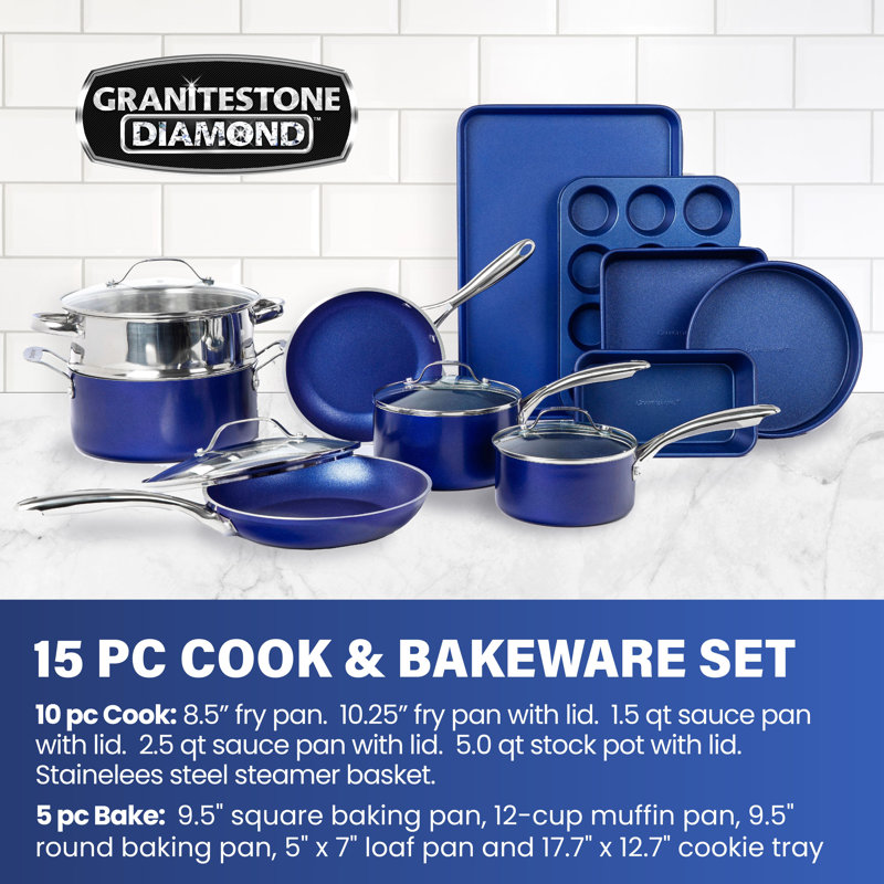 Granitestone Blue 15 Piece Nonstick Cookware and Bakeware Set, Oven & Dishwasher Safe