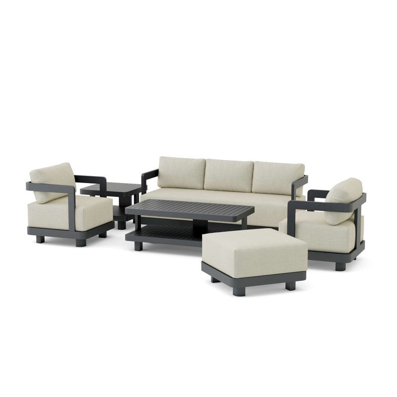 Ensemble de conversation avec coussins Massud Sunbrella, Toile naturel, 2 fauteuils, canapé, repose-pieds, table, table d