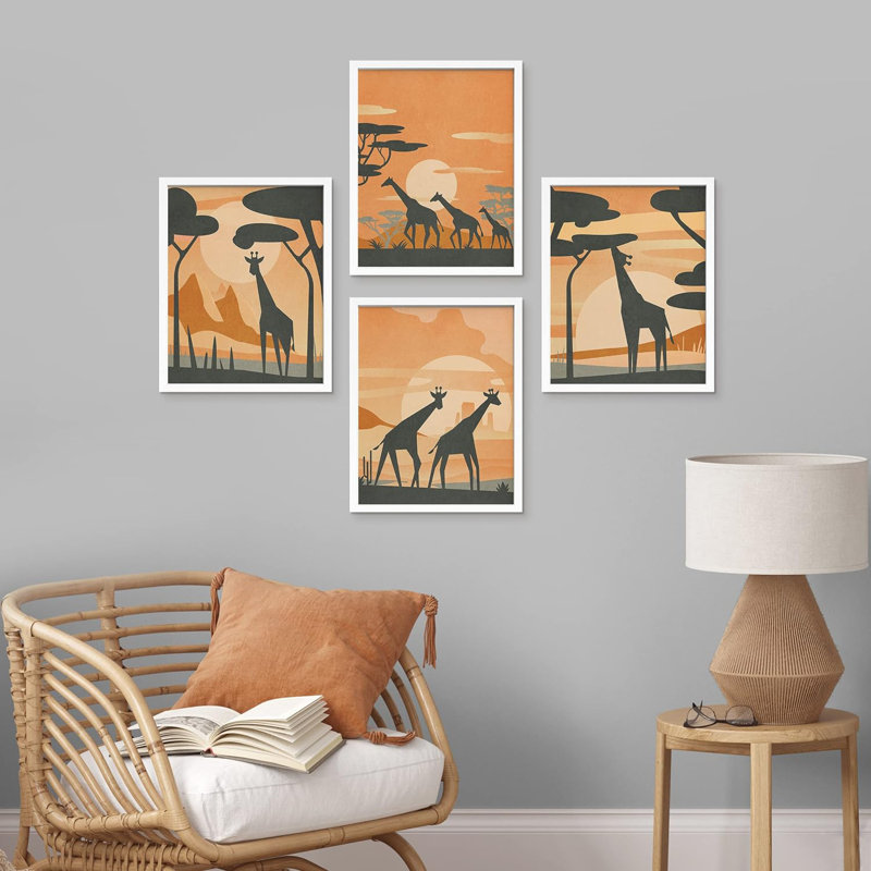 African Safari Giraffe, impression sur papier 4 pièces, H 14 po x l 11 po x P 1 po, Blanc