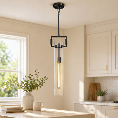 1 - Light Kitchen Island Single Pendant with Clear Cylinder Glass