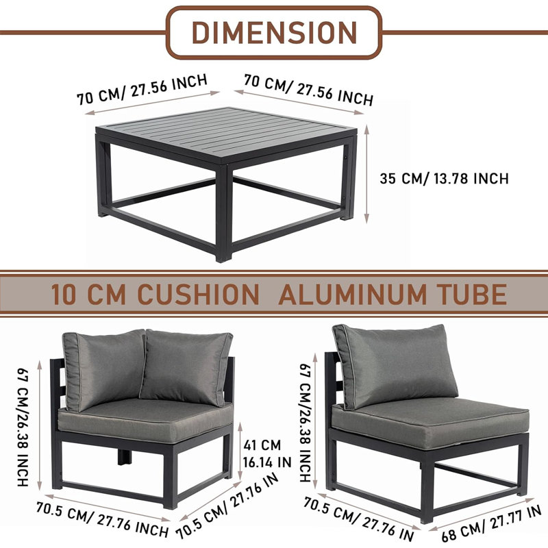 Ensemble de canapé de patio 5 pièces en aluminium avec table basse gris, 8