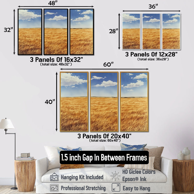 Meadow Golden Fields of Corn I - Art mural prairie - 3 panneaux, H 40 po x l 60 po, Impression encadrée sans passe-partout