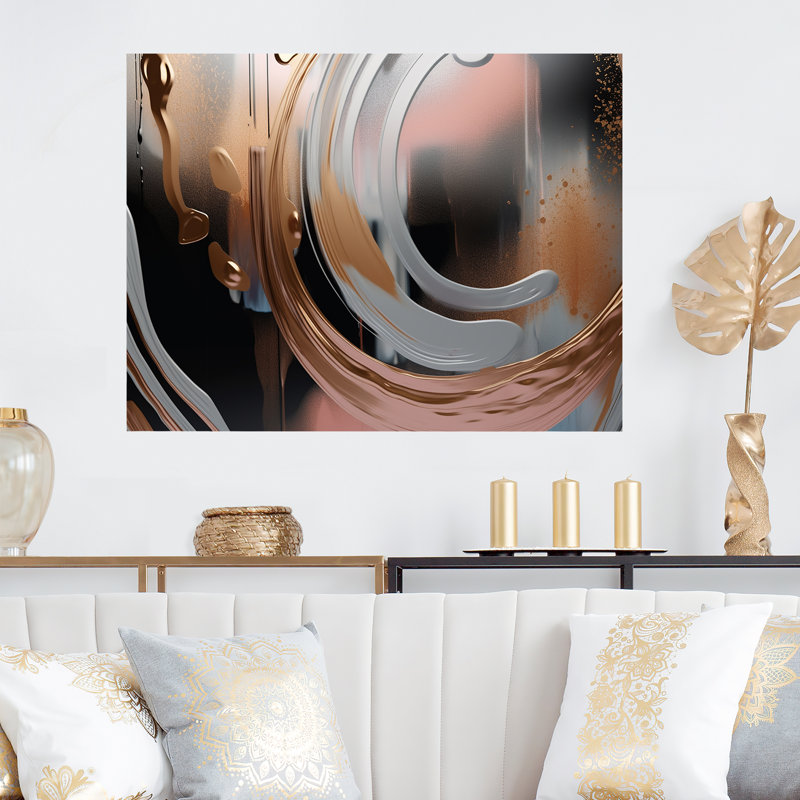 Abstrait abstrait doré et rose «Infinity Rivers I», art mural abstrait à l'encre liquide, H 16 po x l 32 po x P 1 po