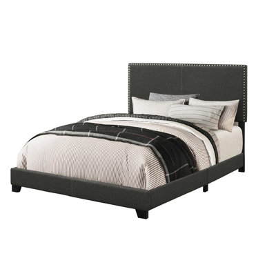 Charcoal Panel Bed For Eastern King, With Smoky Grey Finish, Four Support Legs, And Nailhead Decoration Bedroom King Rectangular Shape, Trim, Legs Use