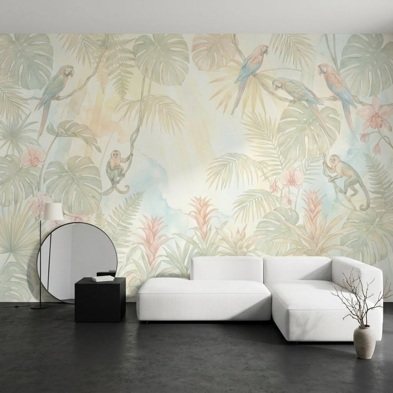 Papier peint tropical, aquarelle, décoration de feuillage de jungle amovible, 140"x108", Peler et coller