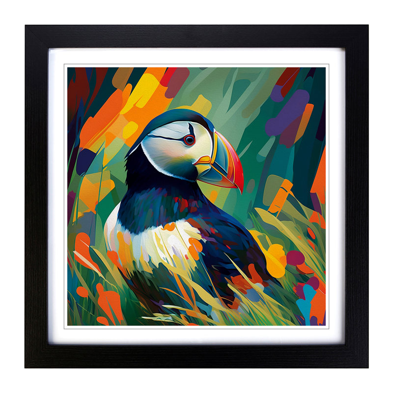 Puffin Fauvism - Single Picture Frame Print on Wood, Black