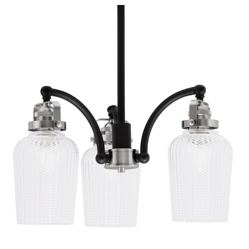 Lustre 3 lumières avec 5 lumières Easton, Noir mat/nickel brossé, Verre texturé transparent