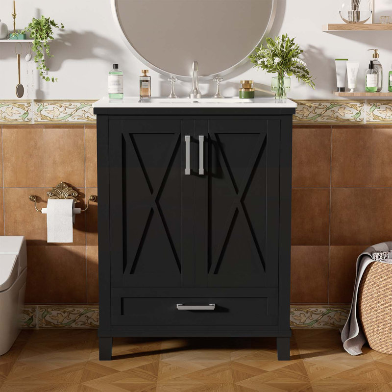 Meuble-lavabo moderne avec lavabo, rangement intelligent avec tiroir et tablettes, Black