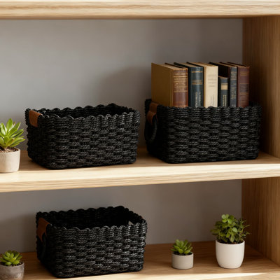 Handwoven Paper Rope Storage Baskets Set Of 3 With Vegan Leather Handles, Woven Organizing Baskets For Home Decor And Storage Solutions