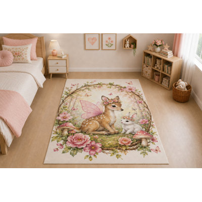 Tapis ultra fin « 152 x 213 cm » à motifs de cerfs et de lapins, idéal pour le salon, la chambre à coucher et le bureau. Doux et à poils courts, avec envers antidérapant en silicone. Couleur rose et beige.