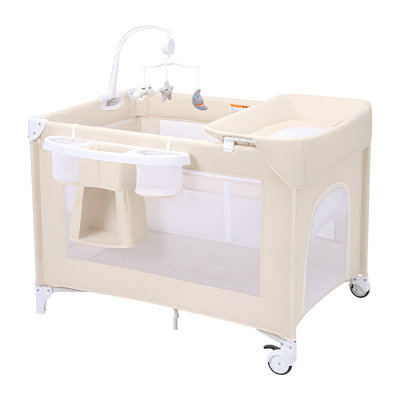 4 in 1 Baby Playard with Changing Table,Bedside Bassinet & Crib Sleeper with Mattress, Storage Bag, Foldable Design for Newborn to Toddler, Pack And Play, Beige