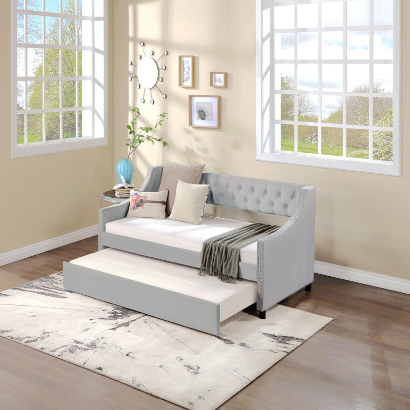 Upholstered Daybed With Trundle,Sturdy Wood Bedframe W/ Bedframe Tufted Button & Copper Nail On Arms Design,For Bedroom,Guest Room Furniture,No Box Spring Needed